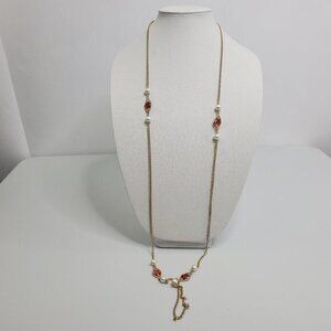 Long Chain Necklace Red Beaded Faux Pearl Gold Ton‎